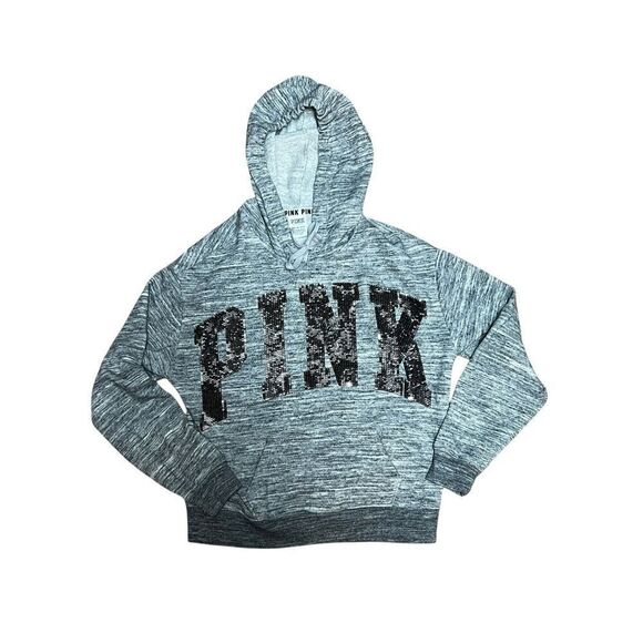 PINK Victoria's Secret Tops - PINK Victoria's Secret Gray Hoodie with Black Sequin Logo